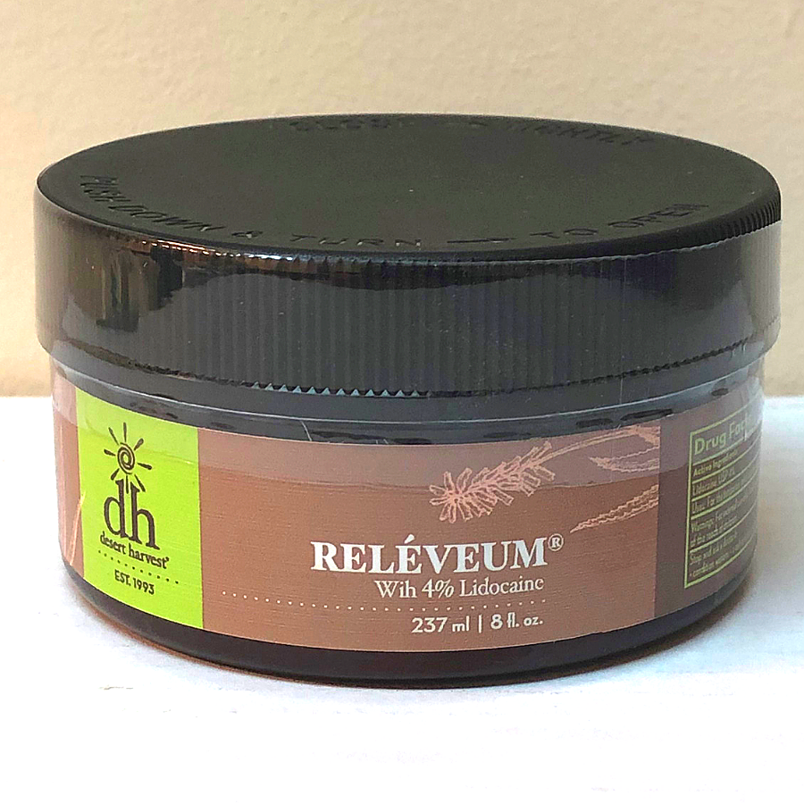 Releveum® All-In-One Skin Repair Cream is a patented formula that offers pain relief and intensive healing from skin irritations, dryness and tissue damage associated with chemical burns, radiation dermatitis, eczema, psoriasis, shingles, tattoos, vulvodynia, lichens sclerosus/planus, Sjogren’s, insect bites/stings, poison ivy/oak, chemotherapy induced neuropathy and peripheral neuropathy / nerve pain.  4% lidocaine (numbing agent) offers 4-6 hours of pain relief and can be reapplied every 3 hours.  Aloe vera contains antibacterial, antifungal and antiviral compounds that may help with wound infections and stimulates collagen synthesis for quicker skin regeneration. Aloe gel also contains vitamins C and E, plus the mineral zinc which supports healthy tissue development, wounds and may aid in preventing scarring and discoloration of tissue.